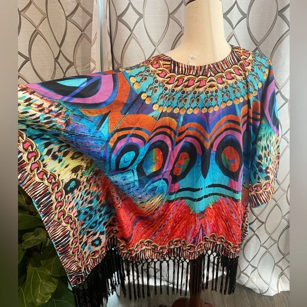 NWT True Colours by La Moda Fringe Peacock Caftan Top- One Size - Picture 9 of 10